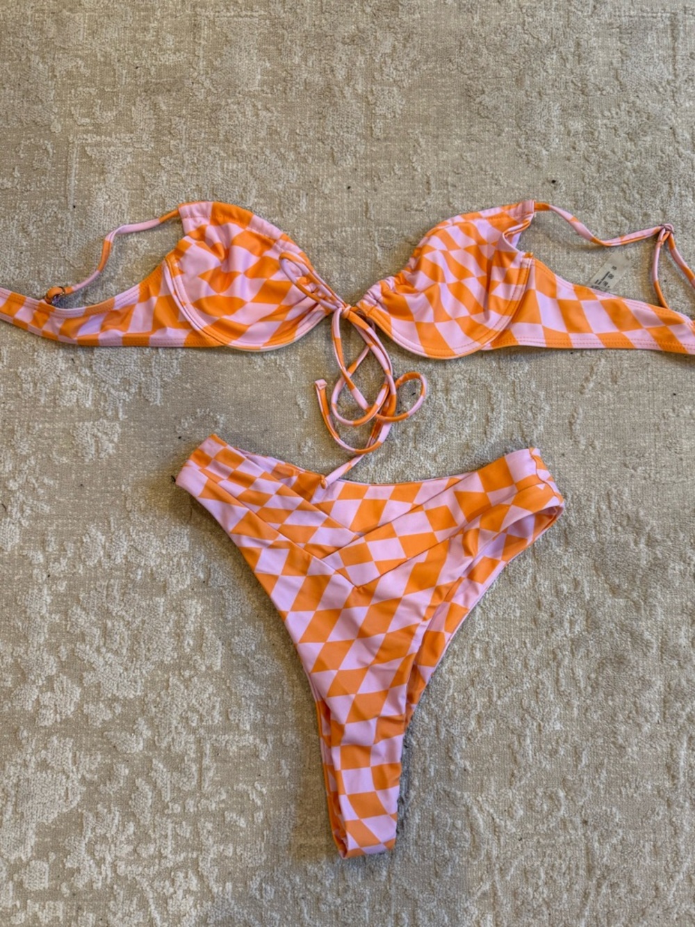 Aurelle Pink & Orange Checkered Tie-Front Bikini Set